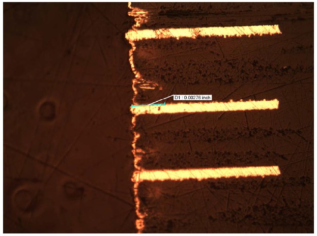 Figure 2: Wicking in the test boards with this particular polyimide following etchback and electroless copper deposit could not meet the IPC class 3A limit despite strict adherence to the recommendation from the material supplier and several process adjustments.