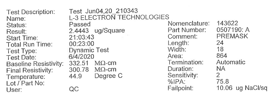 Ionic contamination testing report