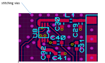 PCB showing vias for stitching ground planes