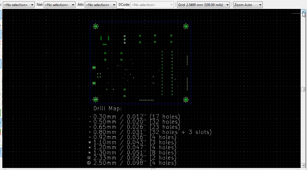 Drill file opened in KiCad GerbView, showing drill map of a PCB