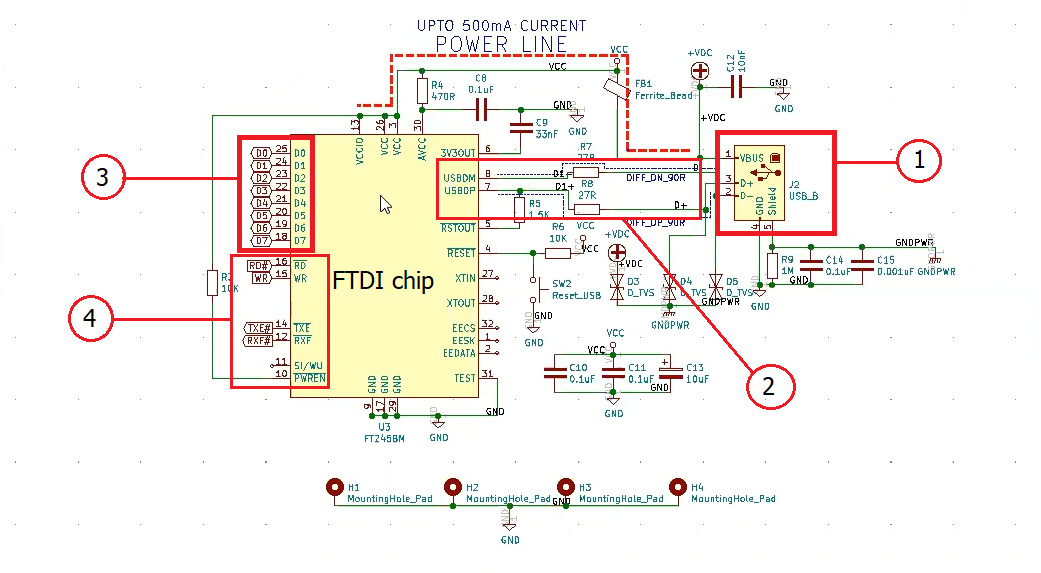 USB connector circuit in schematic