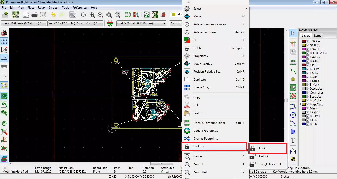 Lock components in Kicad