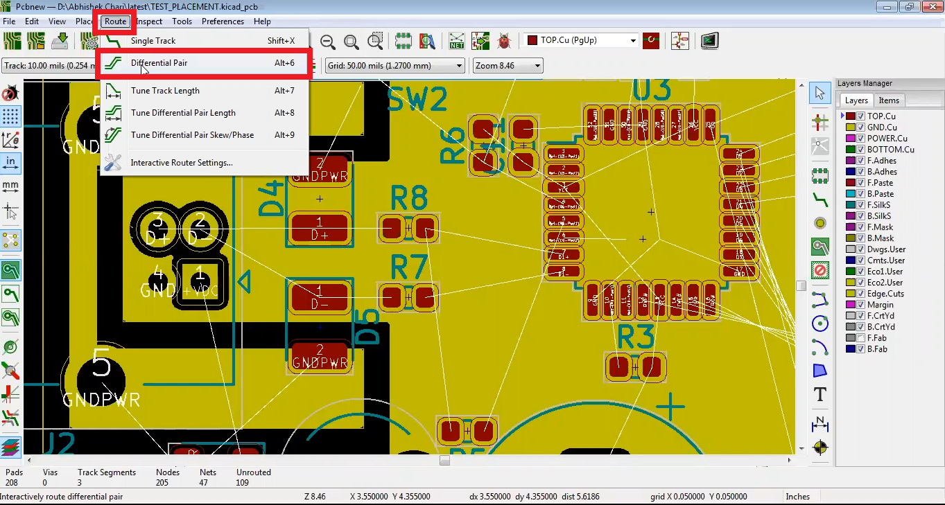 How to route differential pair in Kicad