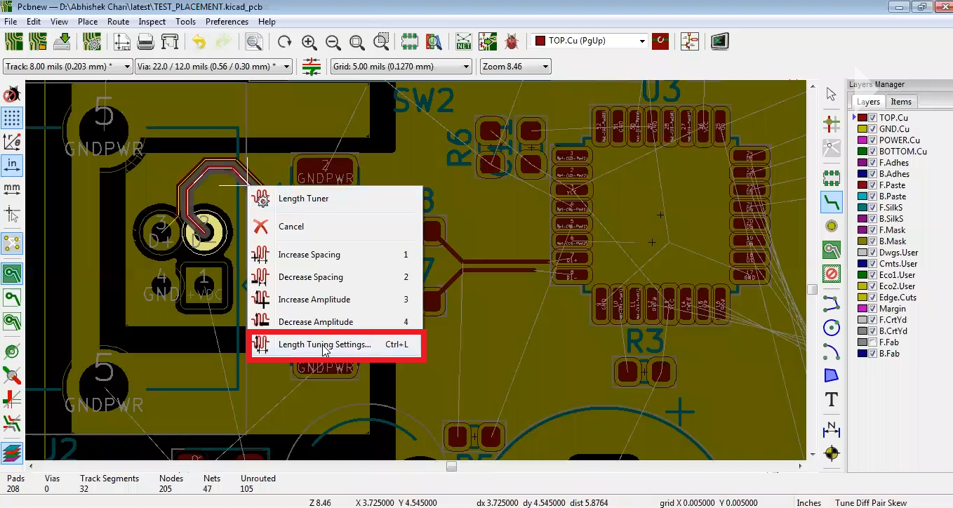 How to do differential skew tuning in Kicad