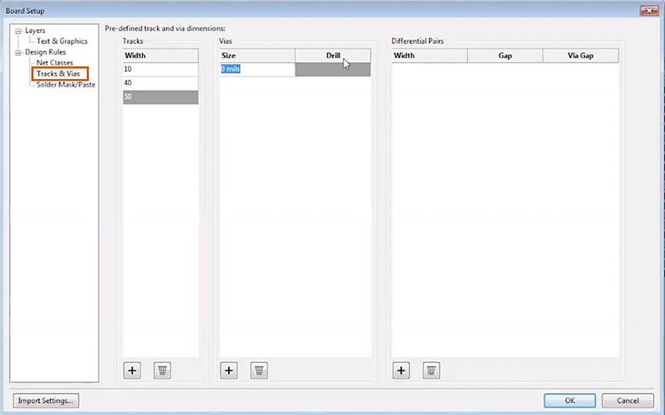 KiCad Board setup tracks and vias option