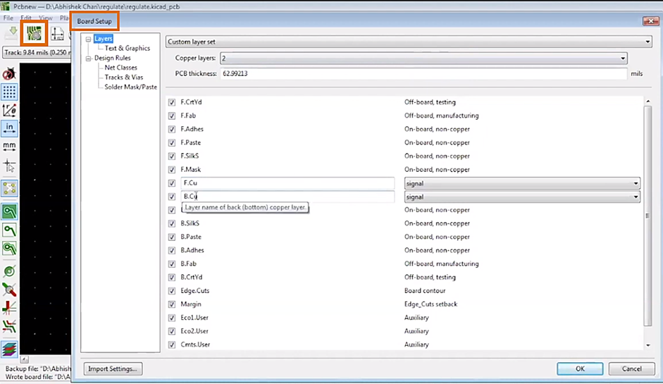 KiCad Board setup Menu