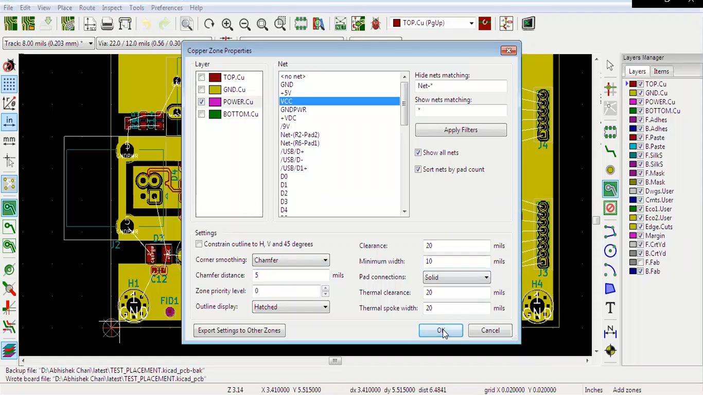 KiCad Copper Zone Properties