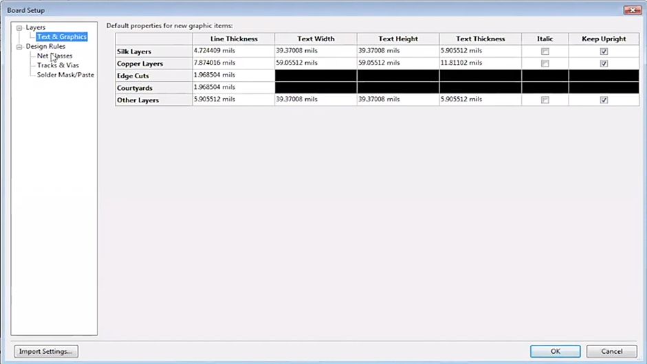 KiCad Board Setup Text and Graphics Option