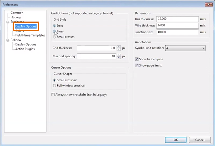 KiCad Preferences Menu Display Options