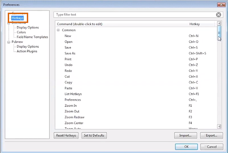 KiCad Preferences Menu Hotkeys option