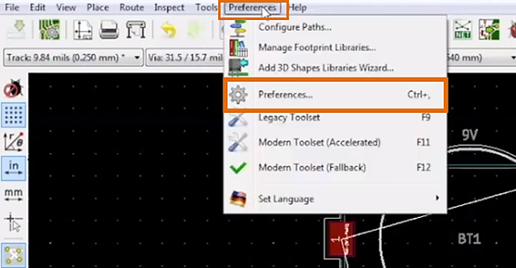 KiCad Preferences Menu Zoomed in