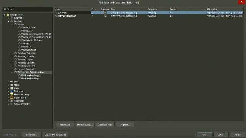 Naming differential pair rules using Altium