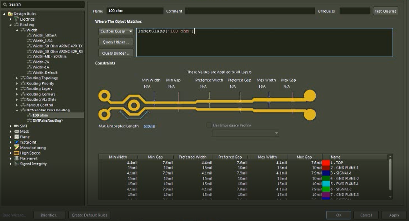 Select net class and opt 100ohms