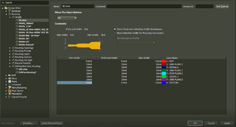 Rule setup for single-ended 50ohms traces