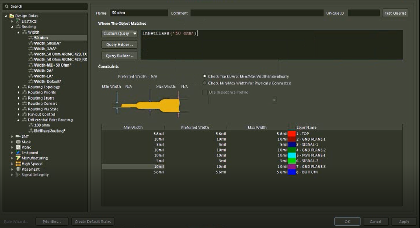 In net class, select 50ohms using Altium