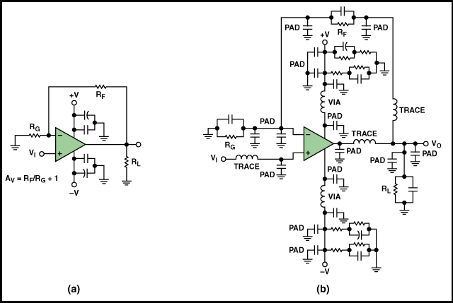 Non-inverting op-amp with parasitic elements