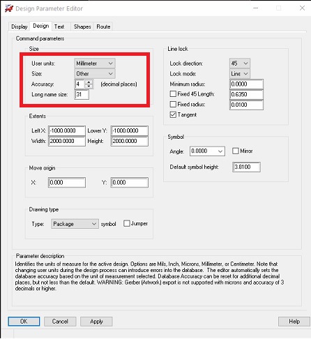 User unit selection window in Allegro