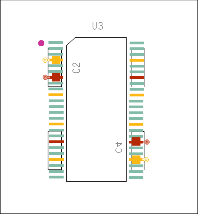 Bypass capacitor placement per power pin for multipin devices.