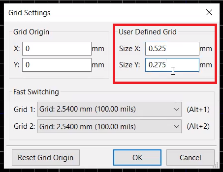 Setting the grid properties in KiCad for footprint generation