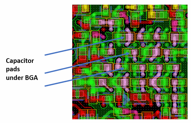 Decoupling capacitor placement on the opposite side of the BGA.