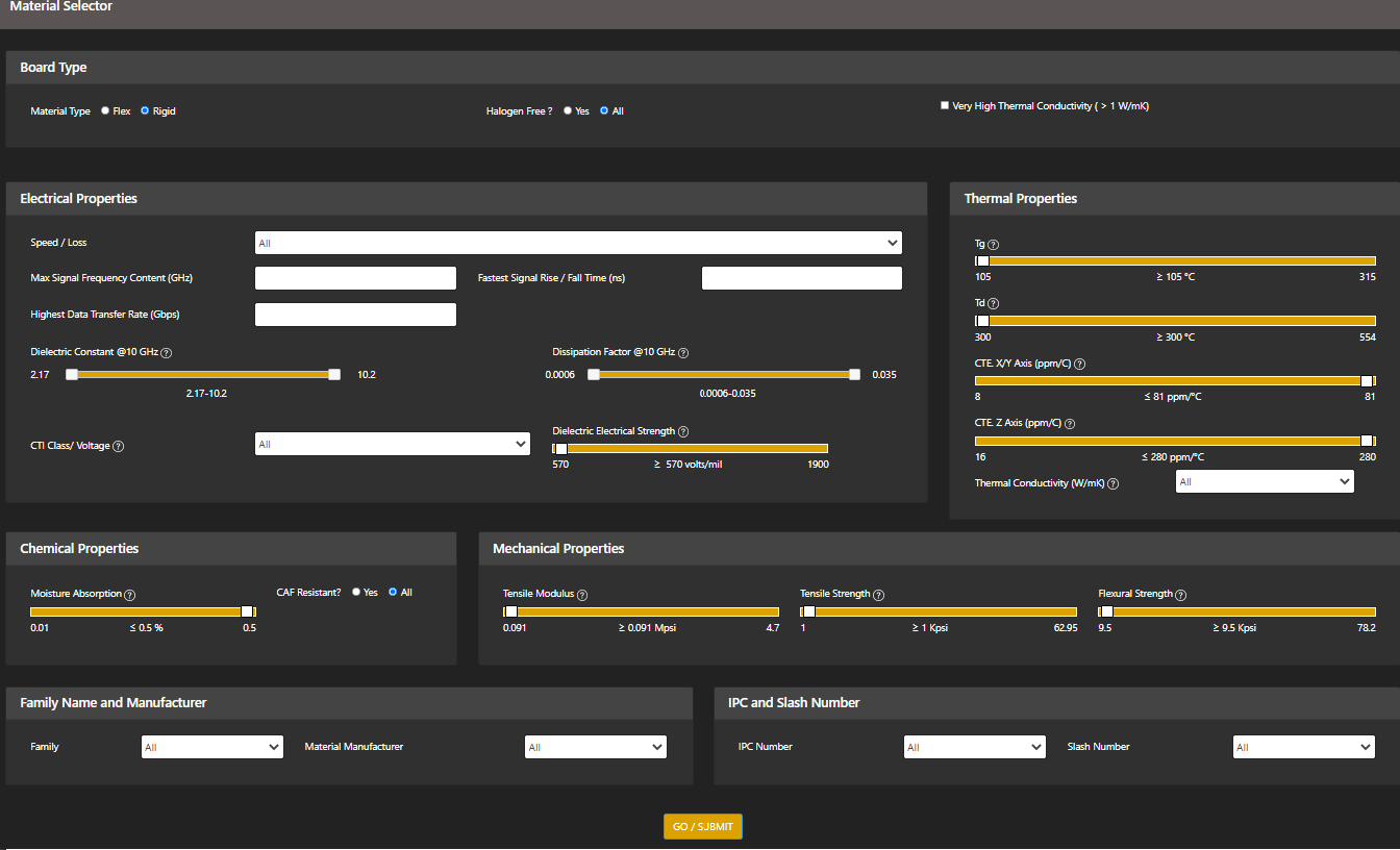 Material Selection tool interface