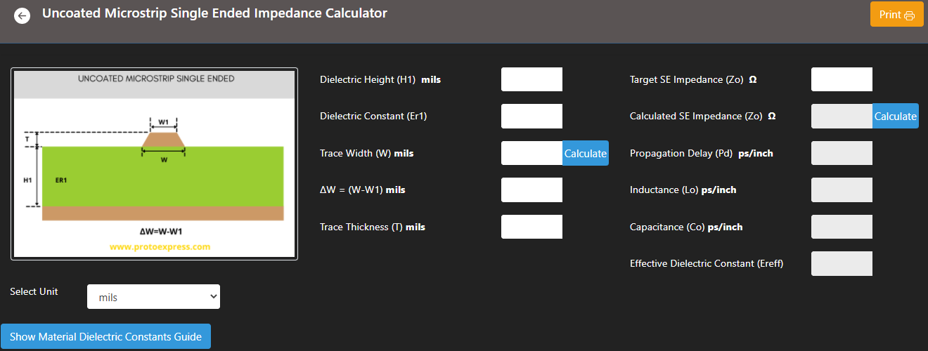 Impedance calculator with material dielectric constants guide