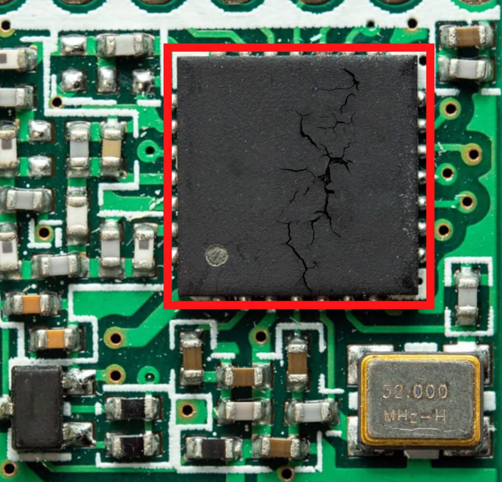 Damaged component on the board. damaged-component-on-board.webp