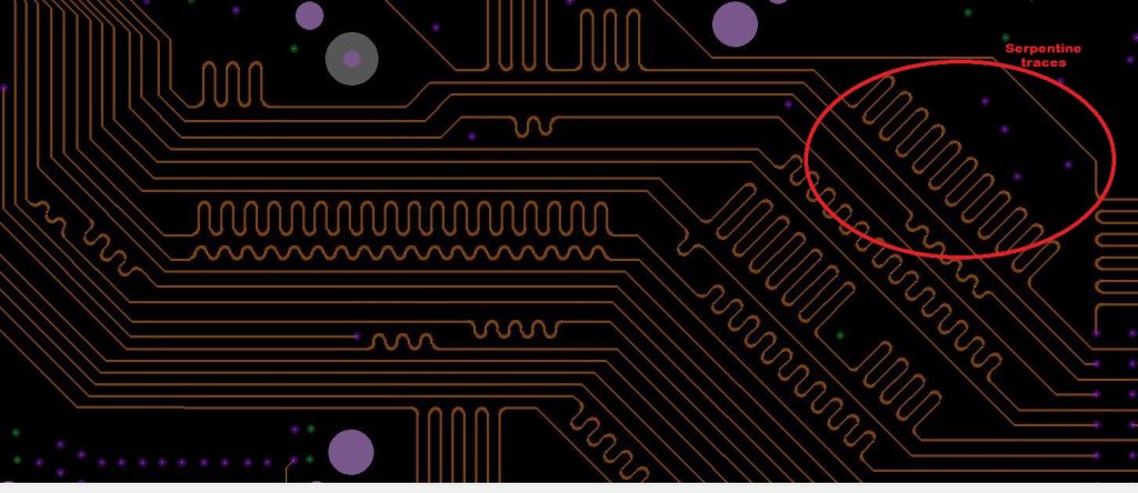 Serpentine traces used for length matching trace-length-matching-in-pcb.jpg