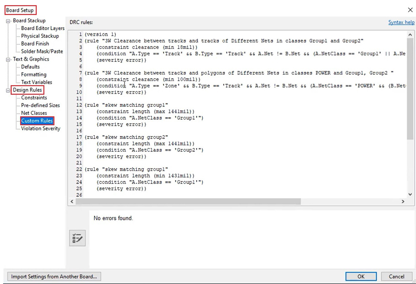 Creating custom design rules in KiCad custom-rules-in-board-setup-dialog-box.jpg