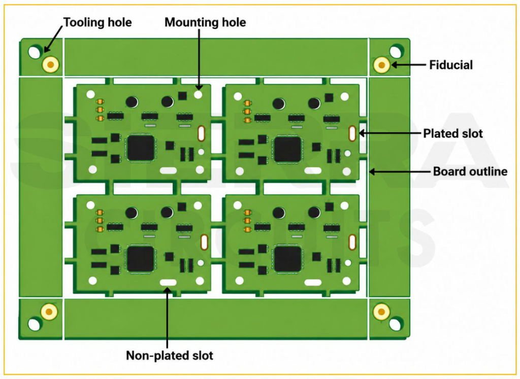 PCB fab and assembly notes illustration-of-board-panel-with-tooling-holes.webp