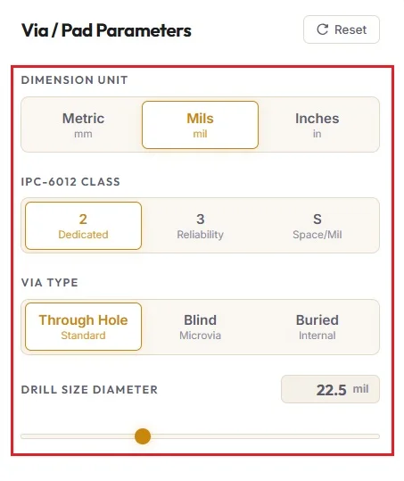 Input parameters for Annular Ring Calculator via-pad-parameters.webp